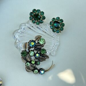 Vintage Emerald Green Rhinestone Lot – Signed Austria Brooch & Czech Earrings